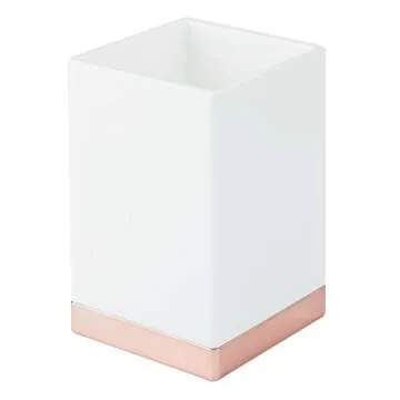 mDesign Modern Square Tumbler Cup for Bathroom Vanity Countertops - for Mouthwash/Mouth Rinse, Storing and Organizing Makeup Brushes, Eye Liners, Accessories - Slim Design - White/Rose Gold