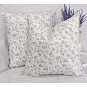Floral Pillow Covers Vintage Flower Cushion Covers Rustic Grand Millennial Style Pillow Cases for Throw Pillows Home Decor for Sofa Couch Bed 20 x 20 inch Set of 2 Cream White & Grey Botanical Design