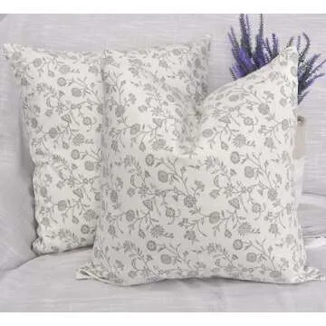 Floral Pillow Covers Vintage Flower Cushion Covers Rustic Grand Millennial Style Pillow Cases for Throw Pillows Home Decor for Sofa Couch Bed 20 x 20 inch Set of 2 Cream White & Grey Botanical Design