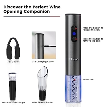 Flauno Electric Wine Opener Rechargeable, 6 in 1 Premium Wine Gifts with Elegant Gift Box, Foil Cutter, Vacuum Wine Stopper, Wine Aerator Pourer, USB C Charger