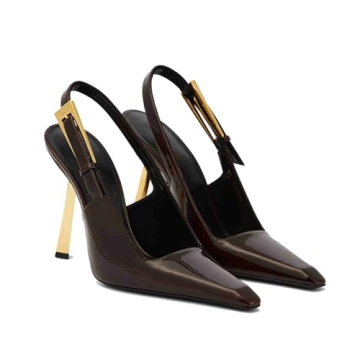 THESHY Women's Slingback Stiletto High Heels Square Toe Metal Buckle Pumps Backless Patent Leather F...