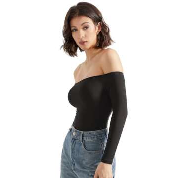 SUUKSESS Women Off the Shoulder Long Sleeve Bodysuit Double Lined Thong Bodysuit