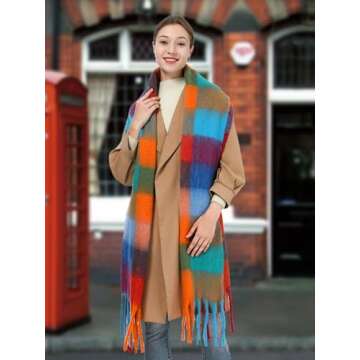Oversized Blanket Scarf for Women Winter Fall Chunky Plaid Soft Cashmere Feel Thick Scarves with Fringed(Orange Red Plaid)