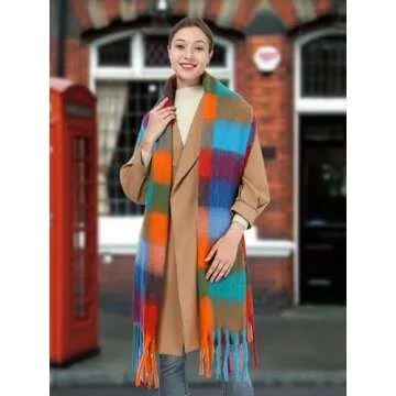 Oversized Blanket Scarf for Women Winter Fall Chunky Plaid Soft Cashmere Feel Thick Scarves with Fringed(Orange Red Plaid)