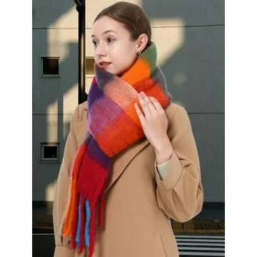 Oversized Blanket Scarf for Women Winter Fall Chunky Plaid Soft Cashmere Feel Thick Scarves with Fringed(Orange Red Plaid)