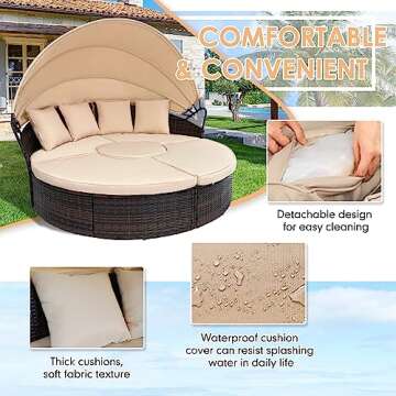 SUNCROWN Outdoor Patio Round Daybed with Retractable Canopy, Brown Wicker Furniture Sectional Couch with Washable Cushions, Backyard, Porch