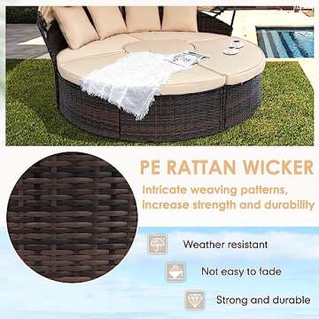 SUNCROWN Outdoor Patio Round Daybed with Retractable Canopy, Brown Wicker Furniture Sectional Couch with Washable Cushions, Backyard, Porch