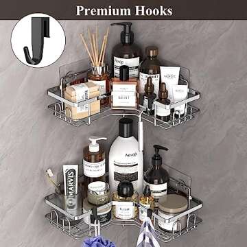 HuggieGems 2 Pack Corner Shower Caddy Organizer Shelf with Hooks, Silver Bathroom Shelves Storage Organization