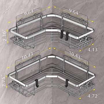 HuggieGems 2 Pack Corner Shower Caddy Organizer Shelf with Hooks, Silver Bathroom Shelves Storage Organization