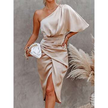 CUPSHE Women Satin Dress Backless One Shoulder Flared Short Sleeves Mid Length High Low Hem Cocktail Party Dress Champagne with Zipper M