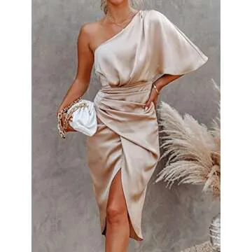 CUPSHE Women Satin Dress Backless One Shoulder Flared Short Sleeves Mid Length High Low Hem Cocktail Party Dress Champagne with Zipper M