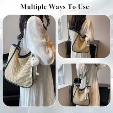 OWGSEE Straw Beach Bag for Women Summer Woven Tote Bag Packable Straw Purses and Handbags with Doll for Vacation (Black)