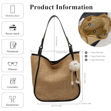 OWGSEE Straw Beach Bag for Women Summer Woven Tote Bag Packable Straw Purses and Handbags with Doll for Vacation (Black)
