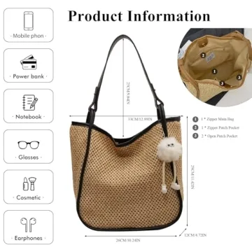 OWGSEE Straw Beach Bag for Women Summer Woven Tote Bag Packable Straw Purses and Handbags with Doll for Vacation (Black)
