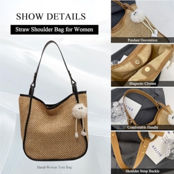 OWGSEE Straw Beach Bag for Women Summer Woven Tote Bag Packable Straw Purses and Handbags with Doll for Vacation (Black)
