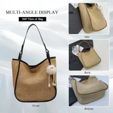 OWGSEE Straw Beach Bag for Women Summer Woven Tote Bag Packable Straw Purses and Handbags with Doll for Vacation (Black)