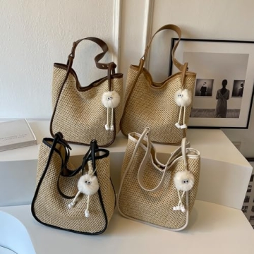 OWGSEE Straw Beach Bag for Women Summer Woven Tote Bag Packable Straw Purses and Handbags with Doll for Vacation (Black)