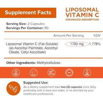 NutriFlair Liposomal Vitamin C 1700mg, 180 Capsules - High Absorption, Fat Soluble VIT C, Antioxidant Supplement, Higher Bioavailability Immune System Support & Collagen Booster, Non-GMO, Vegan Pills