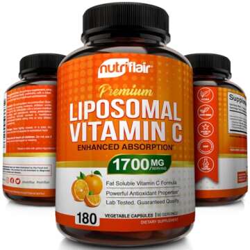 NutriFlair Liposomal Vitamin C 1700mg, 180 Capsules - High Absorption, Fat Soluble VIT C, Antioxidant Supplement, Higher Bioavailability Immune System Support & Collagen Booster, Non-GMO, Vegan Pills