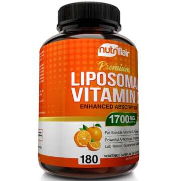 NutriFlair Liposomal Vitamin C 1700mg, 180 Capsules - High Absorption, Fat Soluble VIT C, Antioxidant Supplement, Higher Bioavailability Immune System Support & Collagen Booster, Non-GMO, Vegan Pills