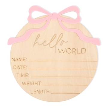 Hello World Bow Wooden Baby Announcement Sign - Customizable Newborn Birth Stat Sign with Charming B...