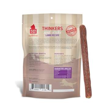Plato Pet Treats Thinkers - Meat Stick Treats for Dogs - Limited Ingredient Dog Treats with EPA and DHA to Support Skin, Coat, and Brain - Air-Dried Dog Treats - Thinkers Lamb 10oz