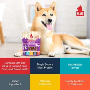 Plato Pet Treats Thinkers - Meat Stick Treats for Dogs - Limited Ingredient Dog Treats with EPA and DHA to Support Skin, Coat, and Brain - Air-Dried Dog Treats - Thinkers Lamb 10oz