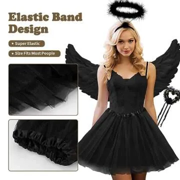 WILDPARTY Angel Costume Accessories for Women, Tulle Tutu Skirt, Angel Wings and Halo Wings and Halo White Angel Costume for Women Photo Shoot Prop, Halloween Costume (Black)