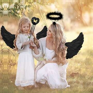 WILDPARTY Angel Costume Accessories for Women, Tulle Tutu Skirt, Angel Wings and Halo Wings and Halo White Angel Costume for Women Photo Shoot Prop, Halloween Costume (Black)