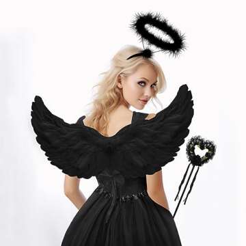WILDPARTY Angel Costume Accessories for Women, Tulle Tutu Skirt, Angel Wings and Halo Wings and Halo White Angel Costume for Women Photo Shoot Prop, Halloween Costume (Black)