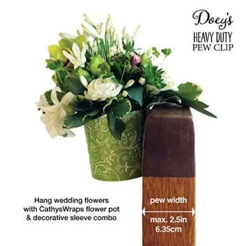 DOEYS Church Pew Clip & Flower Vase for Wedding Ceremony Aisle (6-Pack) Secure Fresh and Silk Floral Arrangements to Pew End, Bench, Chair in Water Tight Plastic Pot - Reuse at Reception (MADE in USA)