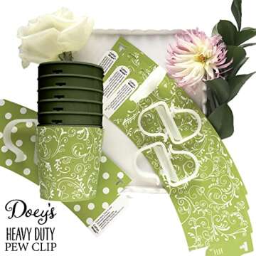 DOEYS Church Pew Clip & Flower Vase for Wedding Ceremony Aisle (6-Pack) Secure Fresh and Silk Floral Arrangements to Pew End, Bench, Chair in Water Tight Plastic Pot - Reuse at Reception (MADE in USA)