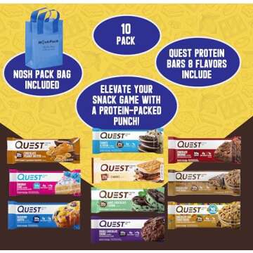 NOSH PACK Quest Protein Bars Variety Pack, 10 Pack Bulk Nutrition Breakfast Bar Low Carb Gluten Free Keto Snack, with Nosh Pack Bag