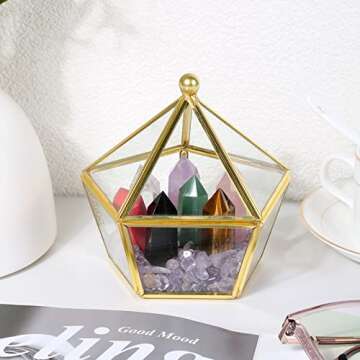 7Pcs Healing Crystal Wands Set Chakra Decor with Geometric Glass Jewelry Box,Single Point Wand Cryst...