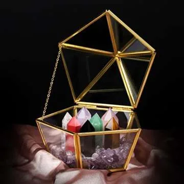 7Pcs Healing Crystal Wands Set Chakra Decor with Geometric Glass Jewelry Box,Single Point Wand Crystal Tower for Meditation Reiki Chakra,Home Crystal Decor,Birthday Gifts for Mom Girlfriend Women