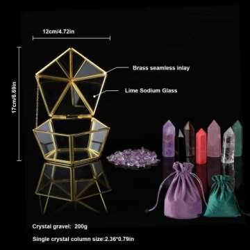 7Pcs Healing Crystal Wands Set Chakra Decor with Geometric Glass Jewelry Box,Single Point Wand Crystal Tower for Meditation Reiki Chakra,Home Crystal Decor,Birthday Gifts for Mom Girlfriend Women