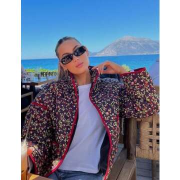 Yimoon Women's Cropped Puffer Quilted Jacket Vintage Floral Print Open Front Lightweight Short Jacket Outwear