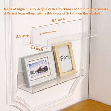 CY craft 6 PCS Acrylic Invisible Floating Bookshelf for Kids Room,15 inch Modern Picture Ledge Display Toy Storage Wall Shelf 5MM Thick U Shelves Storage Rack
