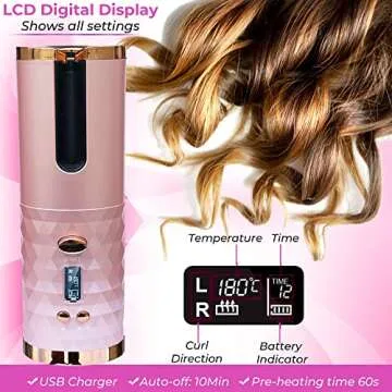Automatic Curling Iron, Rechargeable Cordless Hair Curler with LCD Digital Display and 6 Temperature Settings, Fast Heating Portable Automatic Hair Curler for Styling Hair Anytime ( Pink )