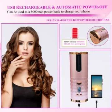 Automatic Curling Iron, Rechargeable Cordless Hair Curler with LCD Digital Display and 6 Temperature Settings, Fast Heating Portable Automatic Hair Curler for Styling Hair Anytime ( Pink )