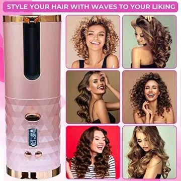 Automatic Curling Iron, Rechargeable Cordless Hair Curler with LCD Digital Display and 6 Temperature Settings, Fast Heating Portable Automatic Hair Curler for Styling Hair Anytime ( Pink )