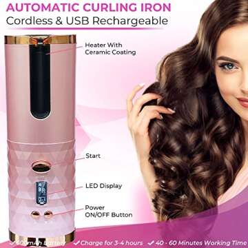 Automatic Curling Iron, Rechargeable Cordless Hair Curler with LCD Digital Display and 6 Temperature Settings, Fast Heating Portable Automatic Hair Curler for Styling Hair Anytime ( Pink )