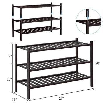RONGJIA 3 Tier Bamboo Shoe Rack for Closet Free Standing Wood Shoe Shelf Storage Organizer for Entryway Small Space Stackable, Brown
