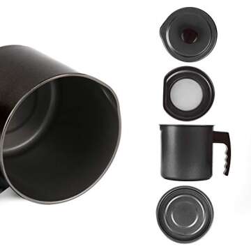 Cambom Bacon Grease Container with Fine Mesh Strainer, 1.3 L almost 6 Full Cups Iron Cooking Oil Can with Removable a Coaster Tray for Kitchen Fat Storage Black