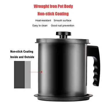 Cambom Bacon Grease Container with Fine Mesh Strainer, 1.3 L almost 6 Full Cups Iron Cooking Oil Can with Removable a Coaster Tray for Kitchen Fat Storage Black