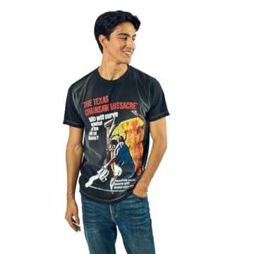Bioworld Texas Chainsaw Massacre Oversized Movie Poster Crew Neck Short Sleeve Men's Black T-Shirt-L...