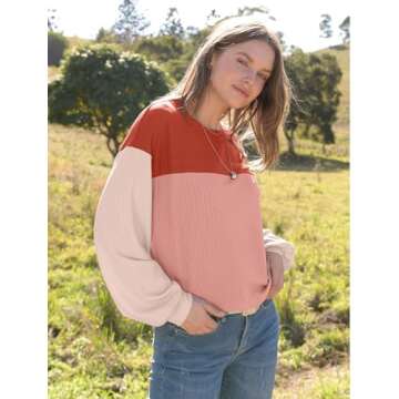 WIHOLL Women's Pullover Sweaters Fall Colorblock Long Sleeve Blouse Tops For Women Autumn Cozy Coral...