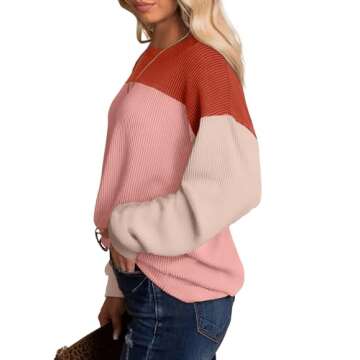 WIHOLL Women's Pullover Sweaters Fall Colorblock Long Sleeve Blouse Tops For Women Autumn Cozy Coral Red M
