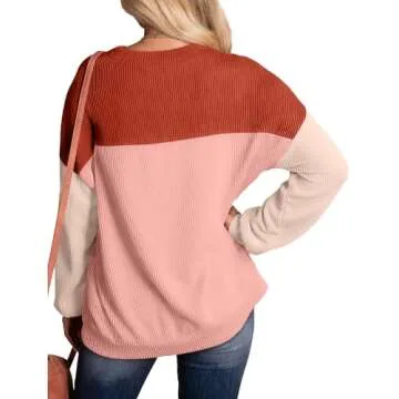 WIHOLL Women's Pullover Sweaters Fall Colorblock Long Sleeve Blouse Tops For Women Autumn Cozy Coral Red M