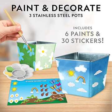NATIONAL GEOGRAPHIC Flower Growing Kit for Kids - Decorate 3 Pots with Paint and Stickers, Kids Gardening Set, Arts and Crafts for Kids Ages 8-12, Garden Kit for Kids, Birthday Gifts, Medium